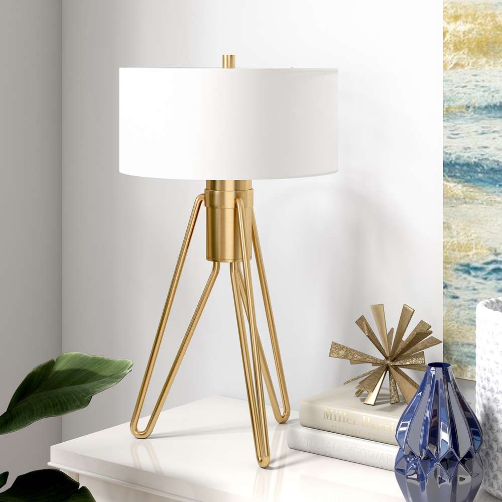 Hudson & Canal - Floyd 25in Tall 2-Light Table Lamp with Fabric Shade in Brass/White - TL0642 veiw 2