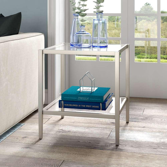 Hudson & Canal - Hera 20in Wide Square Side Table with Glass Shelf in Satin Nickel - ST1630 veiw 2