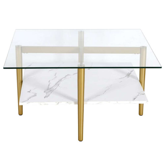 Hudson & Canal - Otto 32in Wide Square Coffee Table with Faux Marble Shelf in Brass - CT1515 veiw 3