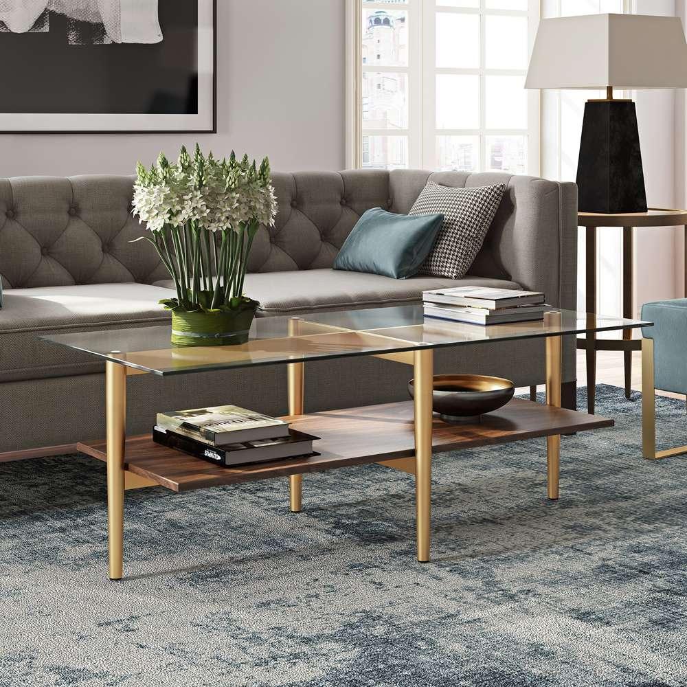 Hudson & Canal - Otto 47 Wide Rectangular Coffee Table with MDF Shelf in Gold and Walnut - CT0138 veiw 2