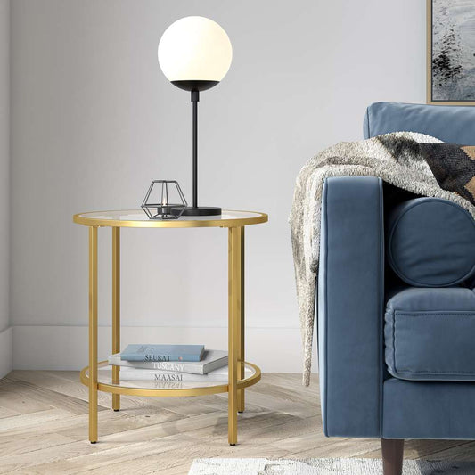 Hudson & Canal - Sivil 20in Wide Round Side Table with Glass Shelf in Brass - ST0651 veiw 2