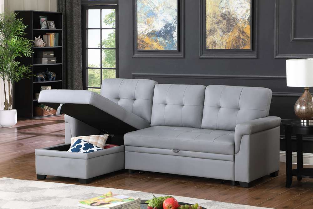 Lilola Home Lexi Gray Synthetic Leather Modern Reversible Sleeper Sectional Sofa with Storage Chaise - 81346 veiw 6