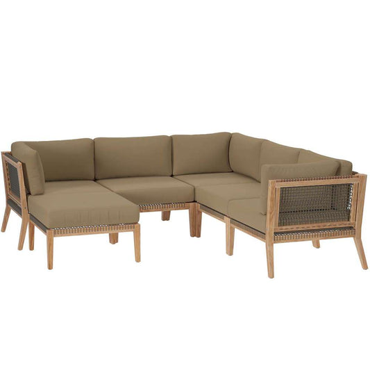 Modway - Clearwater Outdoor Patio Teak Wood 6-Piece Sectional Sofa - EEI-6124-GRY-LBR veiw 2