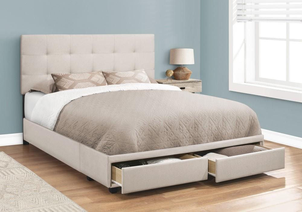 Monarch Specialties - Bed, Queen Size, Platform, Bedroom, Frame, Upholstered, Linen Look, Wood Legs, Beige, Black, Transitional - I-6021Q veiw 3
