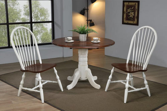 Sunset Trading - Andrews 3 Piece 42 Round Drop Leaf Dining Set In Antique White With Chestnut Top Spindleback Chairs - DLU-ADW4242-C30-CT3PC veiw 2