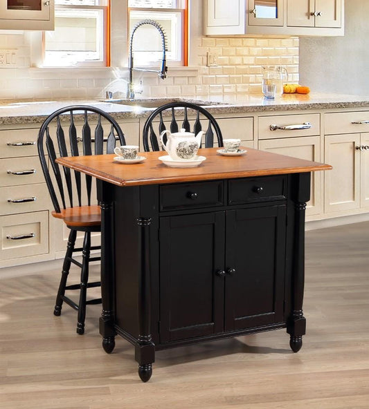 Sunset Trading - Black Cherry Selections Antique Black With Cherry Drop Leaf Kitchen Island With 2 Swivel Stools Breakfast Bar Drawers Storage - DLU-KI-4222-B24-BCH3PC veiw 2