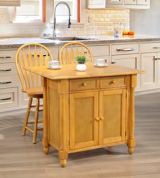 Sunset Trading - Light Oak Drop Leaf Kitchen Island With 2 Swivel Stools Breakfast Bar Drawers Storage - DLU-KI-4222-B24-LO3PC veiw 2