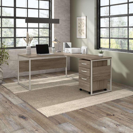 Bush Furniture - Hybrid 60W x 30D L Shaped Table Desk with Mobile File Cabinet in Modern Hickory - HYB029MHSU veiw 2