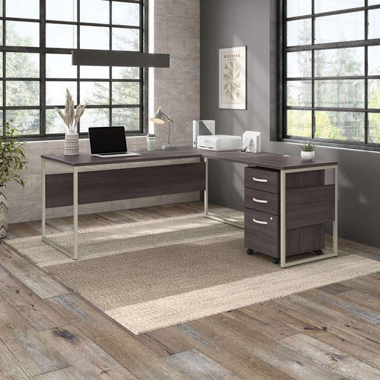 Bush Furniture - Hybrid 72W x 30D L Shaped Table Desk with Mobile File Cabinet in Storm Gray - HYB028SGSU veiw 2