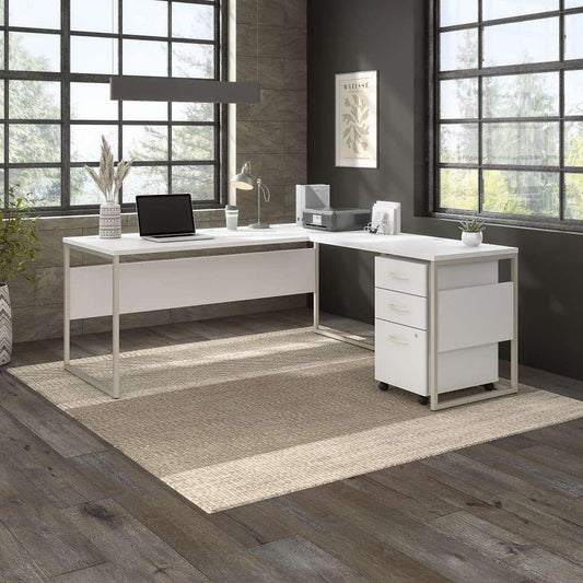 Bush Furniture - Hybrid 72W x 30D L Shaped Table Desk with Mobile File Cabinet in White - HYB028WHSU veiw 2