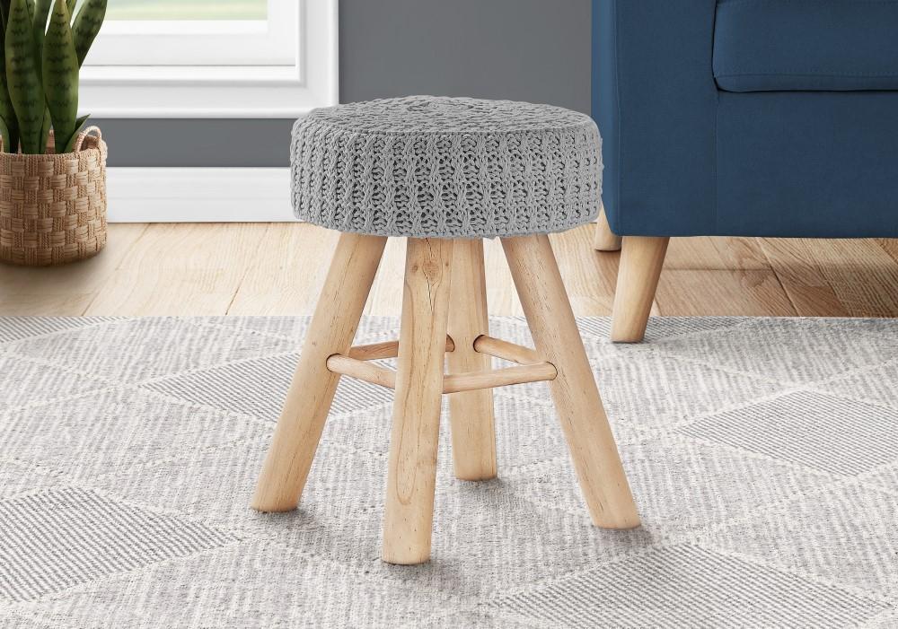Monarch Specialties - Ottoman, Pouf, Footrest, Foot Stool, 12in Round, Velvet, Wood Legs, Grey, Natural, Contemporary, Modern - I-9013 veiw 2