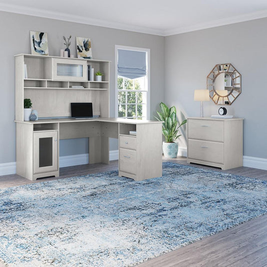 Bush Furniture - Cabot 60W L Shaped Computer Desk with Hutch and Lateral File Cabinet in Linen White Oak - CAB005LW veiw 2