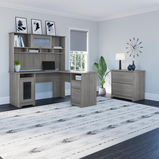Bush Furniture - Cabot 60W L Shaped Computer Desk with Hutch and Lateral File Cabinet in Modern Gray - CAB005MG veiw 2