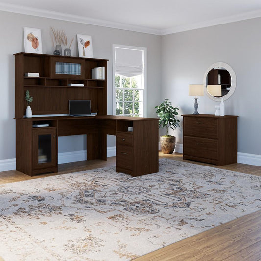 Bush Furniture - Cabot 60W L Shaped Computer Desk with Hutch and Lateral File Cabinet in Modern Walnut - CAB005MW veiw 2