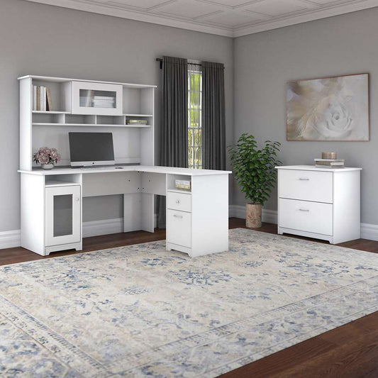 Bush Furniture - Cabot 60W L Shaped Computer Desk with Hutch and Lateral File Cabinet in White - CAB005WHN veiw 2
