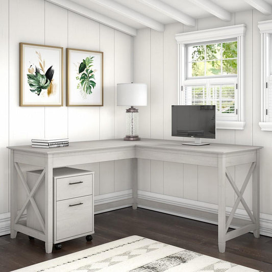 Bush Furniture - Key West 60W L Shaped Desk with 2 Drawer Mobile File Cabinet in Linen White Oak - KWS013LW veiw 2