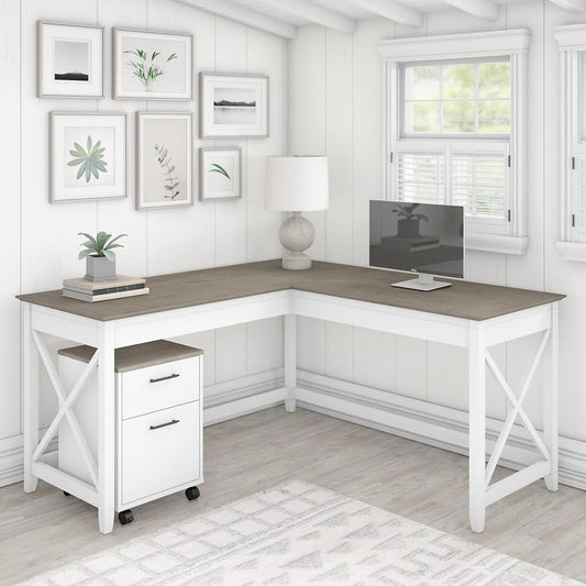 Bush Furniture - Key West 60W L Shaped Desk with 2 Drawer Mobile File Cabinet in Pure White and Shiplap Gray - KWS013G2W veiw 2