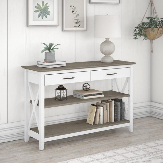 Bush Furniture - Key West Console Table with Drawers and Shelves in Pure White and Shiplap Gray - KWT248G2W-03 veiw 2