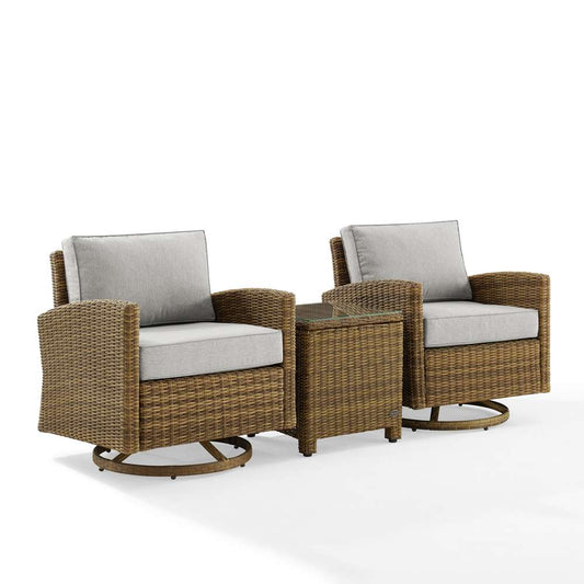 Crosley Furniture - Bradenton 3Pc Outdoor Wicker Swivel Rocker Chair Set Gray/Weathered Brown - Side Table & 2 Swivel Rockers - KO70424WB-GY veiw 2