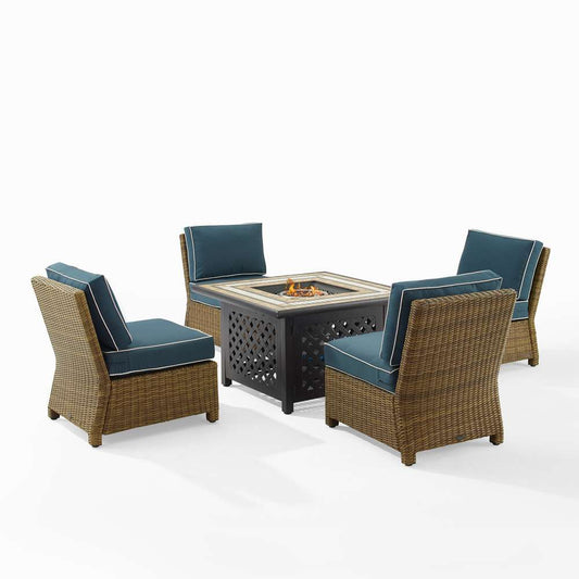 Crosley Furniture - Bradenton 5Pc Outdoor Wicker Conversation Set W/Fire Table Navy/Weathered Brown - Tucson Fire Table & 4 Armless Chairs - KO70206WB-NV veiw 2