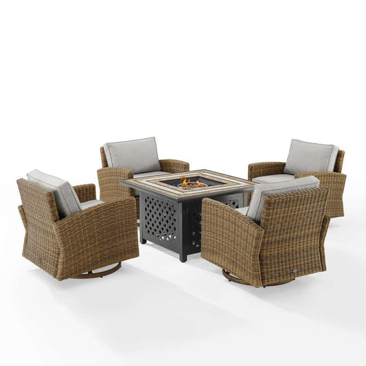 Crosley Furniture - Bradenton 5Pc Swivel Rocker Conversation Set W/Fire Table Gray/Weathered Brown - Tucson Fire Table & 4 Swivel Rockers - KO70209WB-GY veiw 2