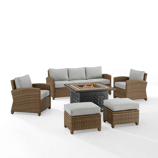 Crosley Furniture - Bradenton 6Pc Outdoor Wicker Sofa Set W/Fire Table Gray/Weathered Brown - Tucson Fire Table, Sofa, 2 Armchairs & 2 Ottomans - KO70184WB-GY veiw 2
