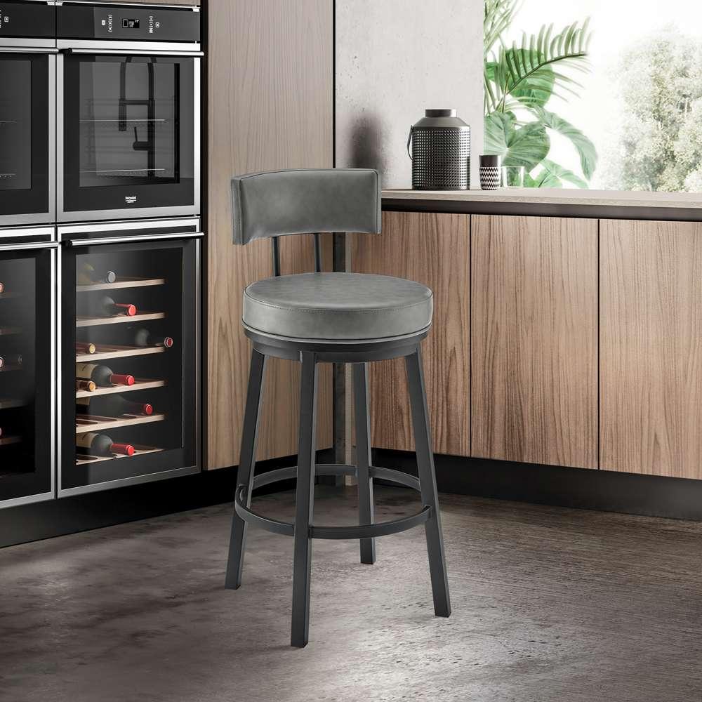 Armen Living - Dalza Swivel Counter or Bar Stool in Black Finish with Grey Faux Leather - 840254333543 veiw 11