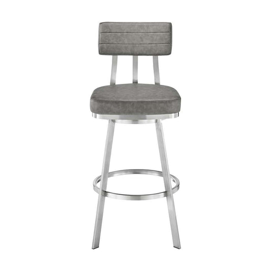 Armen Living - Jinab Swivel Bar Stool in Brushed Stainless Steel with Grey Faux Leather - 840254335295 veiw 2