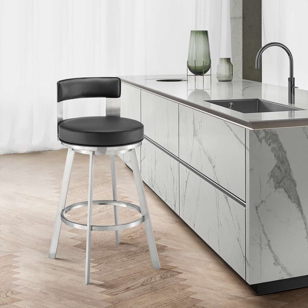Armen Living - Lynof Swivel Bar Stool in Brushed Stainless Steel with Black Faux Leather - 840254335516 veiw 7