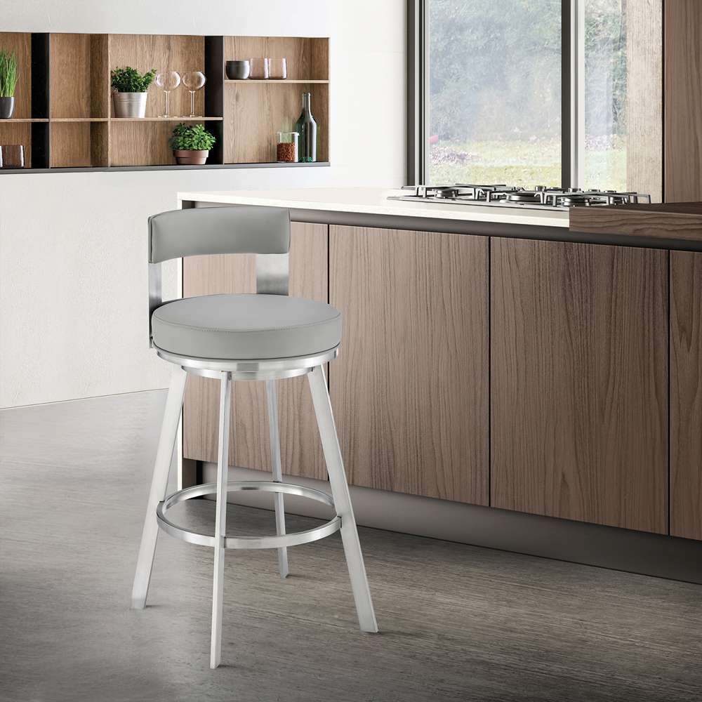 Armen Living - Lynof Swivel Counter Stool in Brushed Stainless Steel with Light Grey Faux Leather - 840254335462 veiw 7
