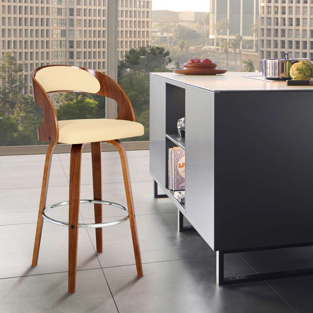 Armen Living - Shelly 30in Bar Height Swivel Cream Faux Leather and Walnut Wood Bar Stool - LCSHBACRWA30 veiw 8