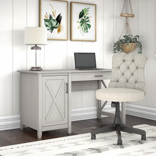 Bush Furniture - Key West 54W Computer Desk with Storage and Mid Back Tufted Office Chair in Linen White Oak - KWS020LW veiw 2