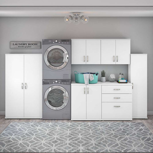 Bush Furniture - Universal 6 Piece Modular 108W 108W Laundry Room Storage Set with Floor and Wall Cabinets in White - LNS002WH veiw 2