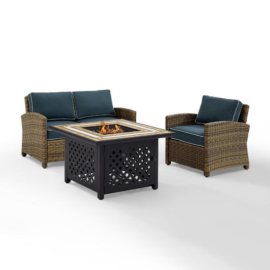 Crosley Furniture - Bradenton 3 Piece Outdoor Wicker Conversation Set With Fire Table Weathered Brown/Navy - Loveseat, Arm Chair, Fire Table - KO70161-NV veiw 2
