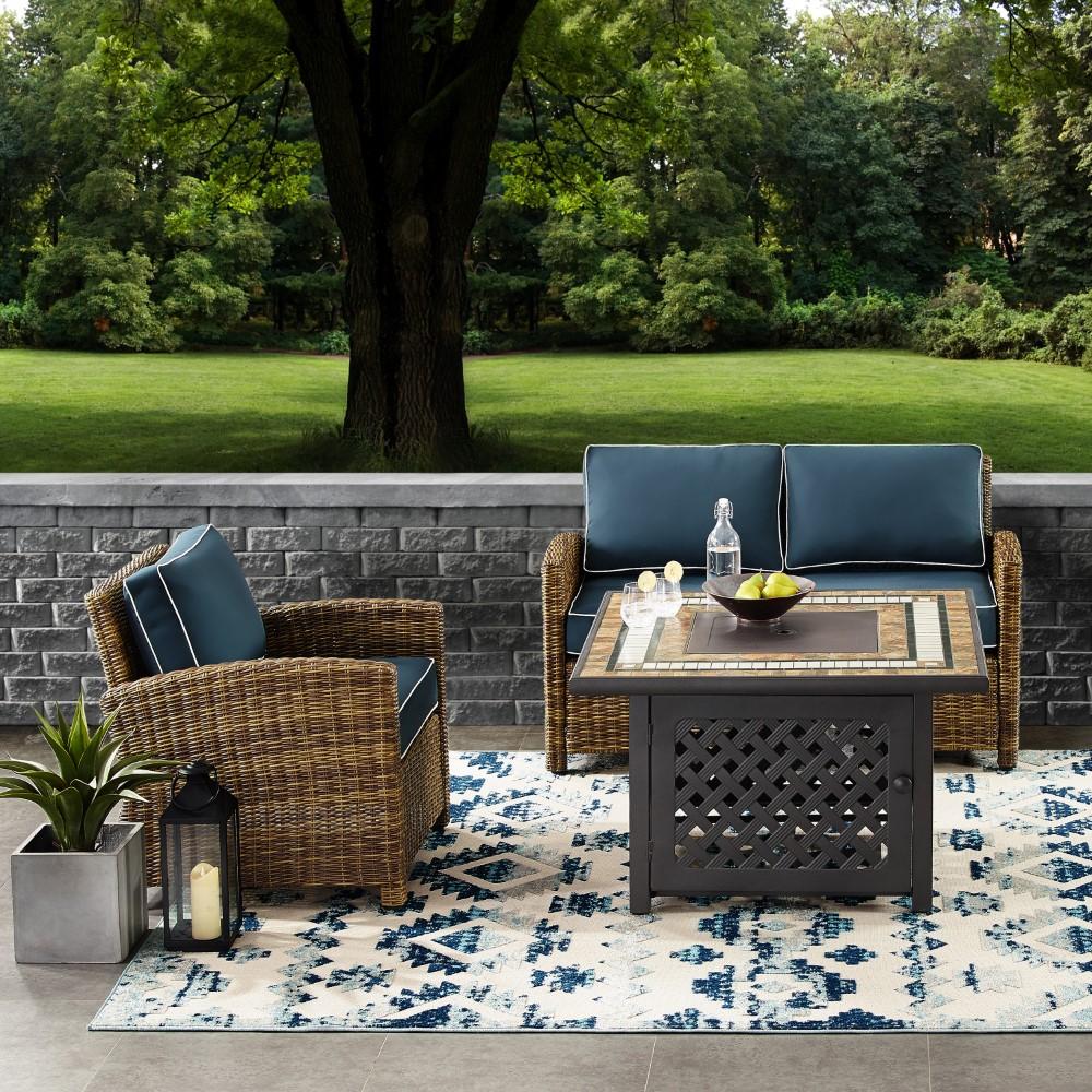 Crosley Furniture - Bradenton 3 Piece Outdoor Wicker Conversation Set With Fire Table Weathered Brown/Navy - Loveseat, Arm Chair, Fire Table - KO70161-NV veiw 6