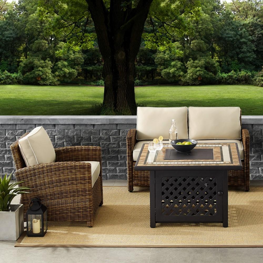 Crosley Furniture - Bradenton 3 Piece Outdoor Wicker Conversation Set With Fire Table Weathered Brown/Sand - Loveseat, Arm Chair, Fire Table - KO70161-SA veiw 6
