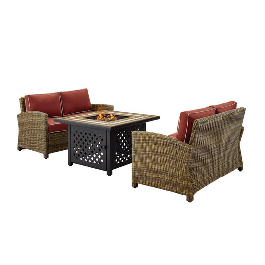 Crosley Furniture - Bradenton 3 Piece Outdoor Wicker Conversation Set With Fire Table Sangria/Weathered Brown - 2 Loveseats, Fire Table - KO70164-SG veiw 2