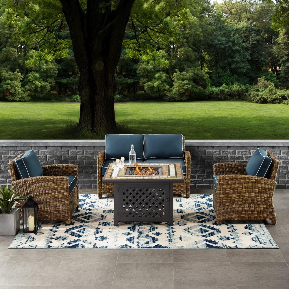 Crosley Furniture - Bradenton 4 Piece Outdoor Wicker Conversation Set With Fire Table Weathered Brown/Navy - Loveseat, 2 Arm Chairs, Fire Table - KO70160-NV veiw 6