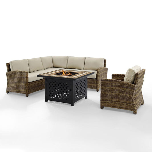 Crosley Furniture - Bradenton 5 Piece Outdoor Wicker Sectional Set With Fire Table Weathered Brown/Sand - Right Corner Loveseat, Left Corner Loveseat, Corner Chair, Arm Chair, Fire Table - KO70159-SA veiw 2
