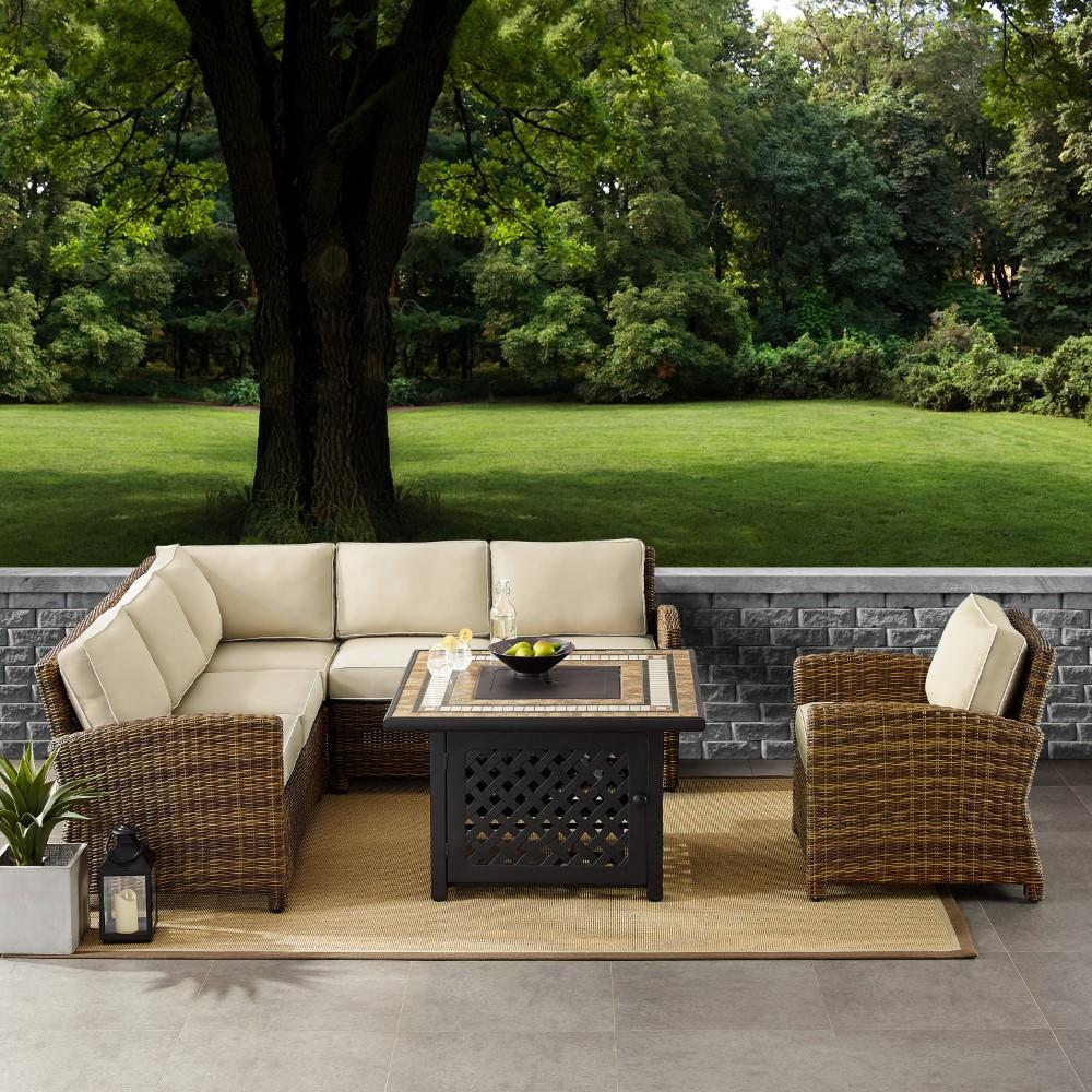 Crosley Furniture - Bradenton 5 Piece Outdoor Wicker Sectional Set With Fire Table Weathered Brown/Sand - Right Corner Loveseat, Left Corner Loveseat, Corner Chair, Arm Chair, Fire Table - KO70159-SA veiw 6