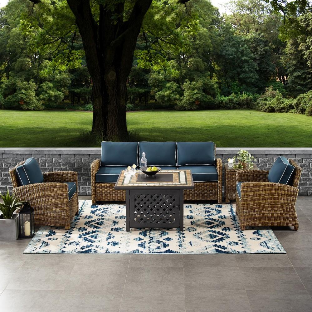 Crosley Furniture - Bradenton 5 Piece Outdoor Wicker Conversation Set With Fire Table Weathered Brown/Navy - Sofa, 2 Arm Chairs, Side Table, Fire Table - KO70163-NV veiw 6