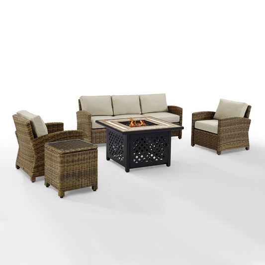 Crosley Furniture - Bradenton 5 Piece Outdoor Wicker Conversation Set With Fire Table Weathered Brown/Sand - Sofa, 2 Arm Chairs, Side Table, Fire Table - KO70163-SA veiw 2