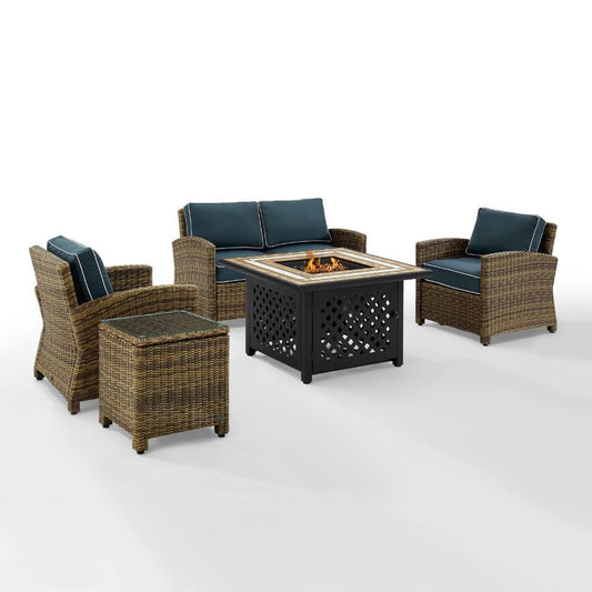 Crosley Furniture - Bradenton 5 Piece Outdoor Wicker Conversation Set With Fire Table Weathered Brown/Navy - Loveseat, 2 Arm Chairs, Side Table, Fire Table - KO70162-NV veiw 2
