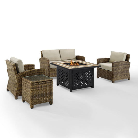 Crosley Furniture - Bradenton 5 Piece Outdoor Wicker Conversation Set With Fire Table Weathered Brown/Sand - Loveseat, 2 Arm Chairs, Side Table, Fire Table - KO70162-SA veiw 2
