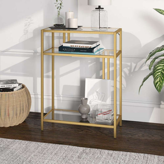 Hudson & Canal - Cortland 22in Wide Rectangular Console Table with Glass Shelves in Brass - AT1177 veiw 2
