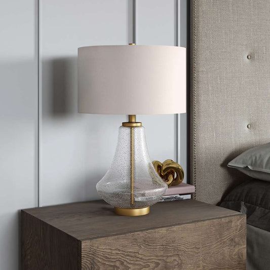 Hudson & Canal - Lagos 23in Tall Table Lamp with Fabric Shade in Seeded Glass/Brushed Brass/White - TL0155 veiw 2