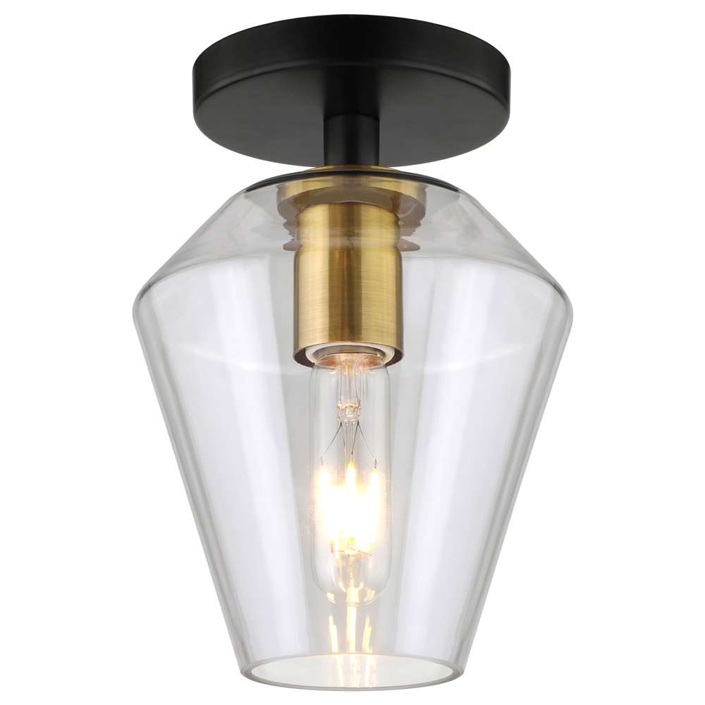 Hudson & Canal - Remy 7in Wide Semi Flush Mount with Glass Shade in Matte Black/Brass/Clear - SF1654 veiw 4