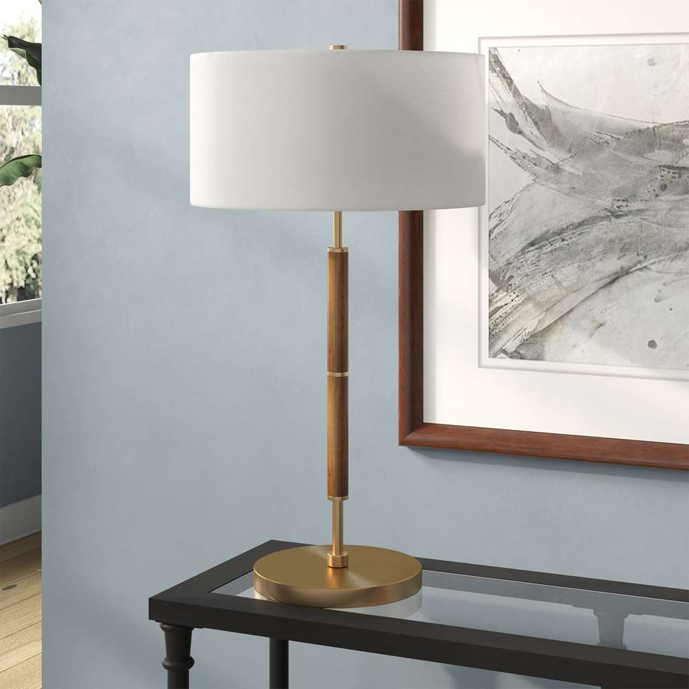 Hudson & Canal - Simone 25in Tall 2-Light Table Lamp with Fabric Shade in Rustic Oak/Brass/White - TL1163 veiw 2