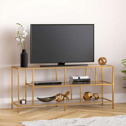 Hudson & Canal - Winthrop Rectangular TV Stand with Glass Shelves for TVs up to 60in in Brass - TV0329 veiw 2