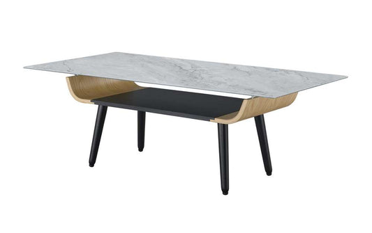 Lilola Home - Landon Coffee Table with Glass Gray Marble Texture Top and Bent Wood Design - 98019 veiw 2